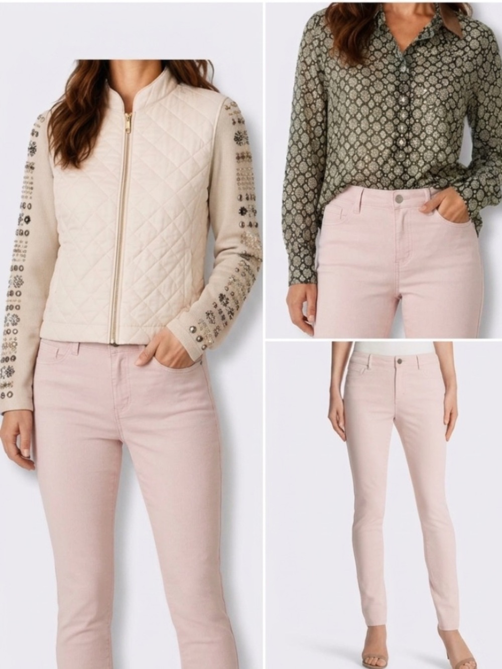Chico’s (Bundle of 3) Cream Puffer, Blush Jeggings, Metallic Sheer Blouse